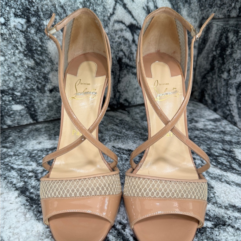 Christian Louboutin Slikova 100 Nude Patent Mesh Sandal Heel Pump 37.5